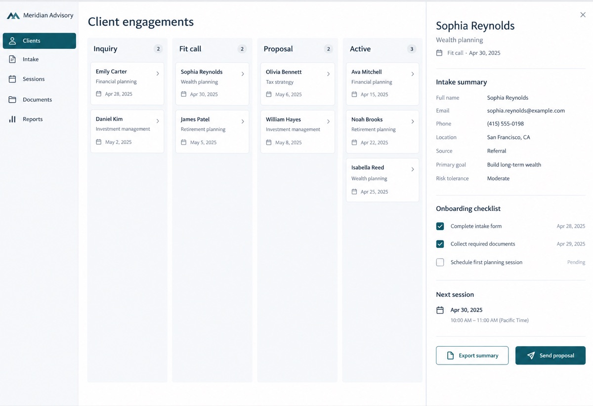 Concept screenshot of a business application for a fictional advisory practice: client engagements in four stages, with an intake summary, an onboarding checklist and export and proposal buttons for one client.