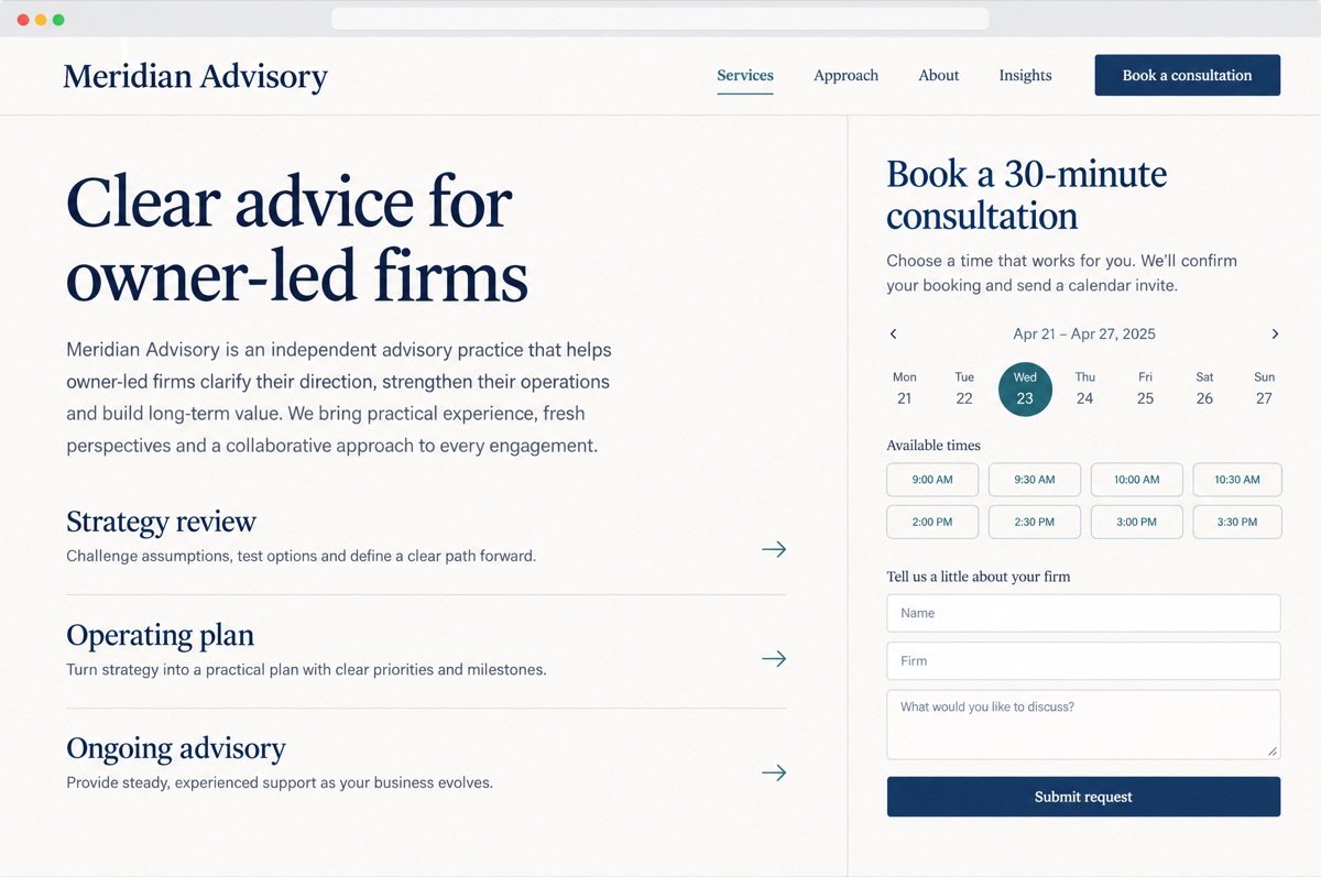 Concept screenshot of a website for the same fictional advisory practice, Meridian Advisory: three services on the left and a booking panel on the right with a week calendar, time slots and a short intake form.